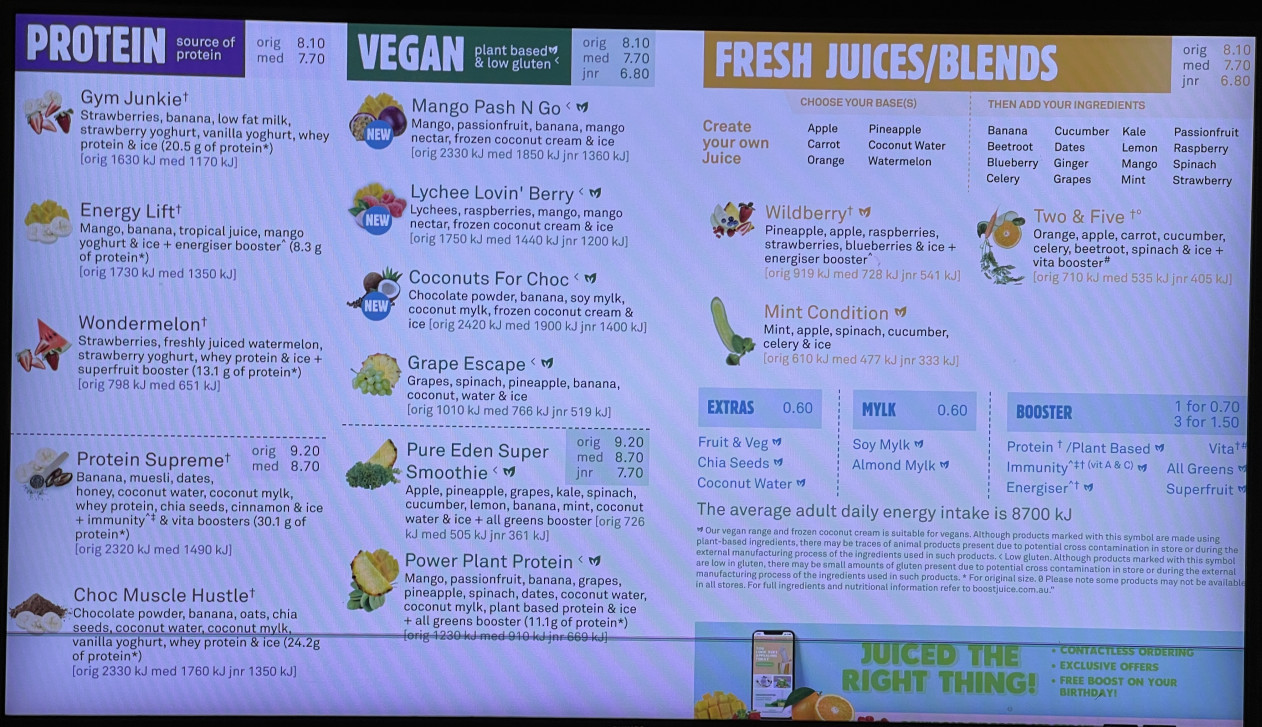 photo of the Boost Juice menu for May 2024