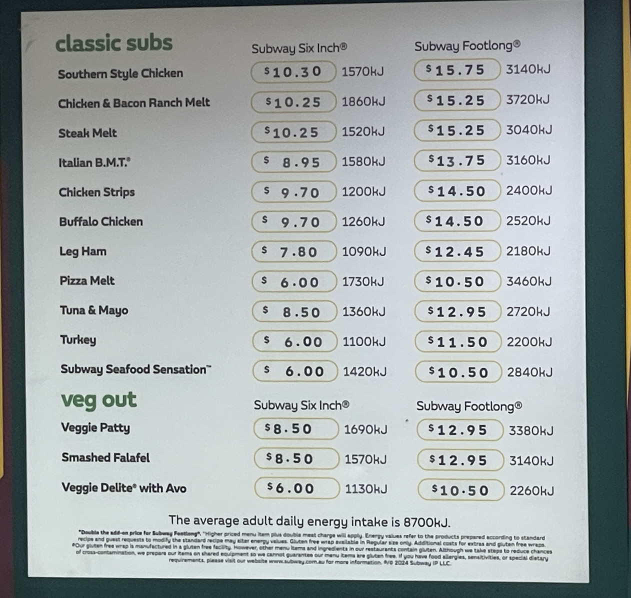 photo of the Subway menu for May 2024